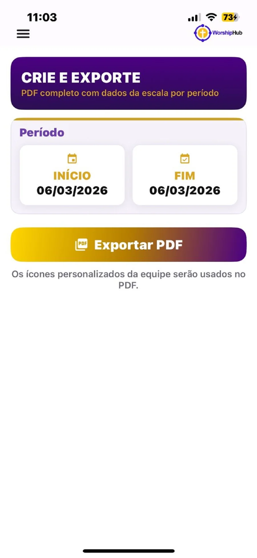 Tela de exportação em PDF