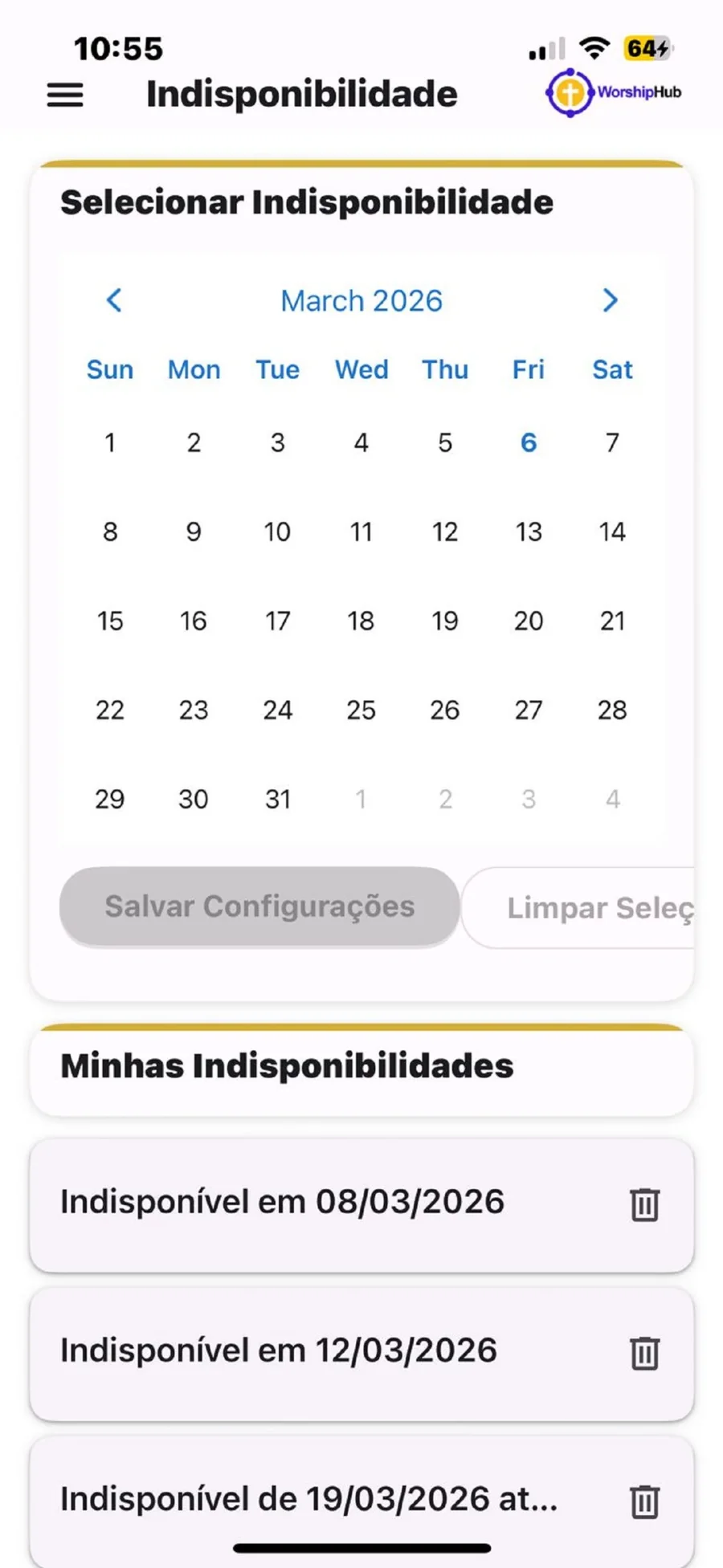 Tela para informar indisponibilidade antes da escala